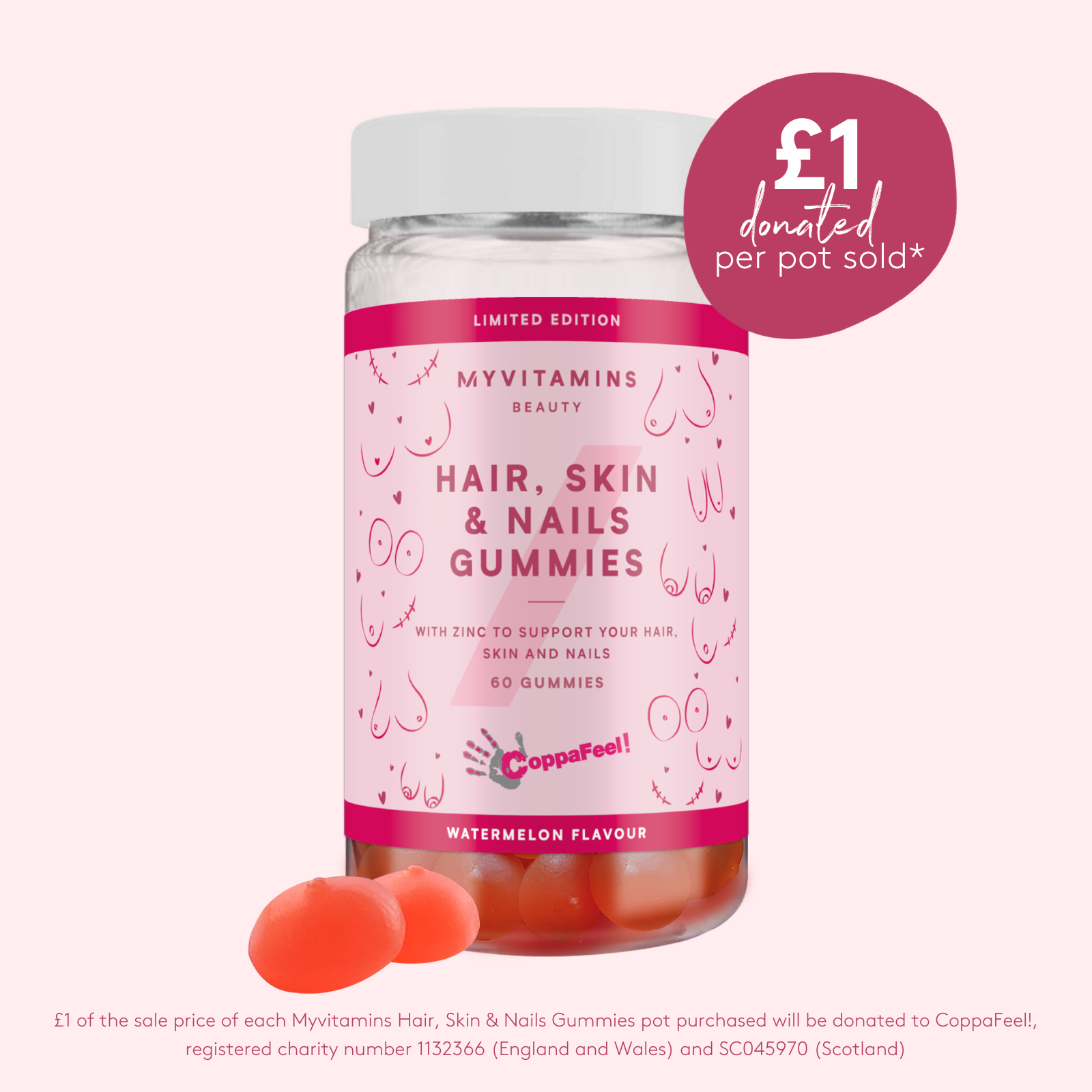 CoppaFeel! x Myvitamins Hair, Skin & Nails Gummies - Limited Edition - 60gummies - Watermelon Image 1